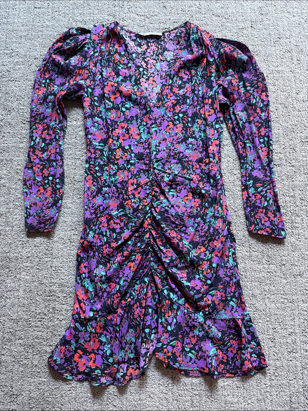 Zara Purple Pattern Long-Sleeve Ruched Dress